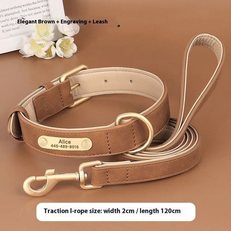 Double-layer leather dog collar with mohair lining and a matching traction rope in rose red.