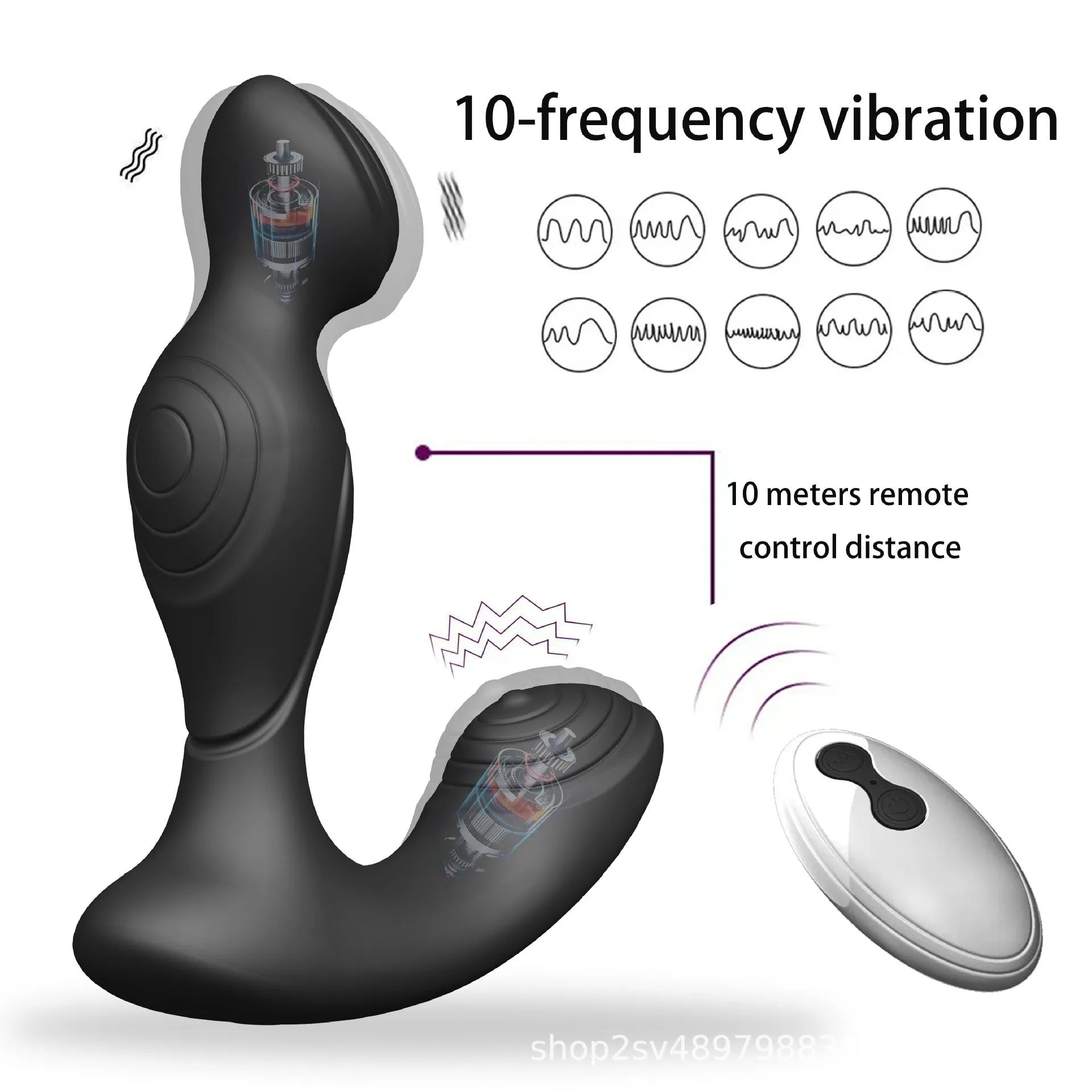 Black wireless remote control silicone prostate massager with remote control unit