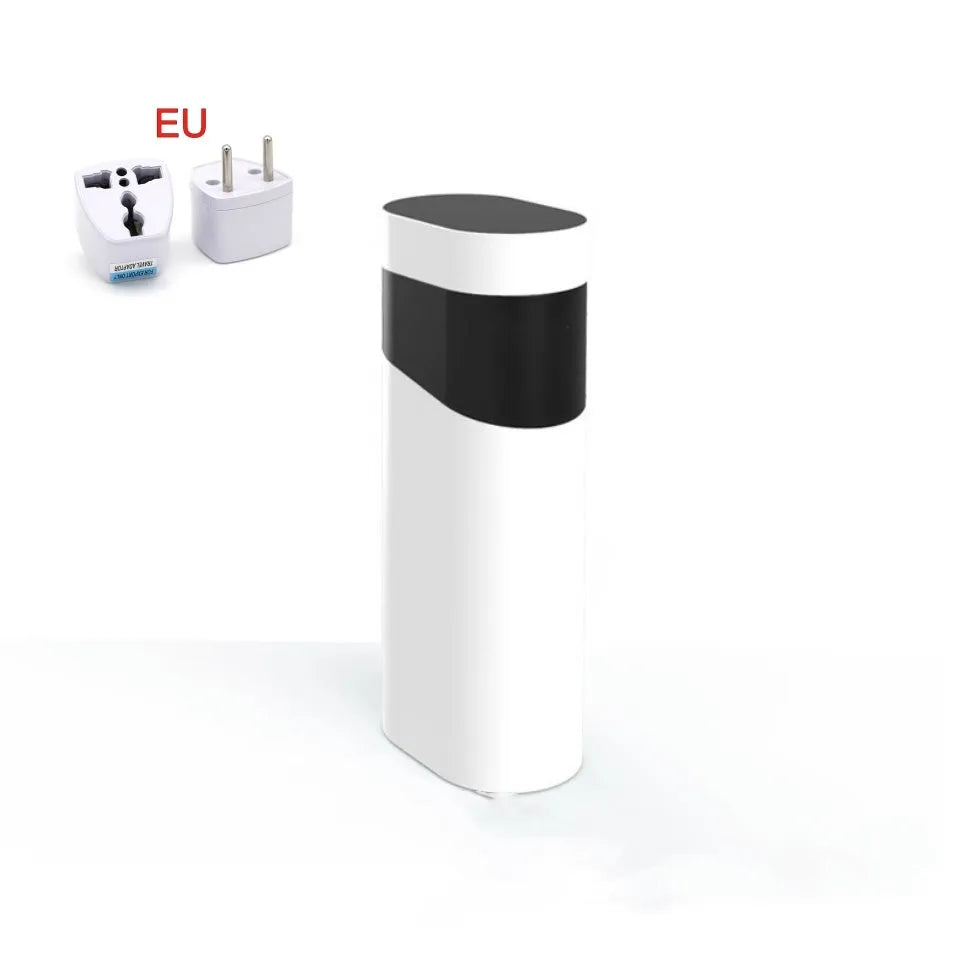 Black portable instant water dispenser with digital display on a wooden desktop.