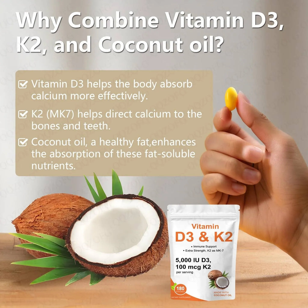 Vitamin D3 K2 softgels 5000 IU with coconut oil in a 180-count bottle, oval 2 cm softgels for easy swallowing