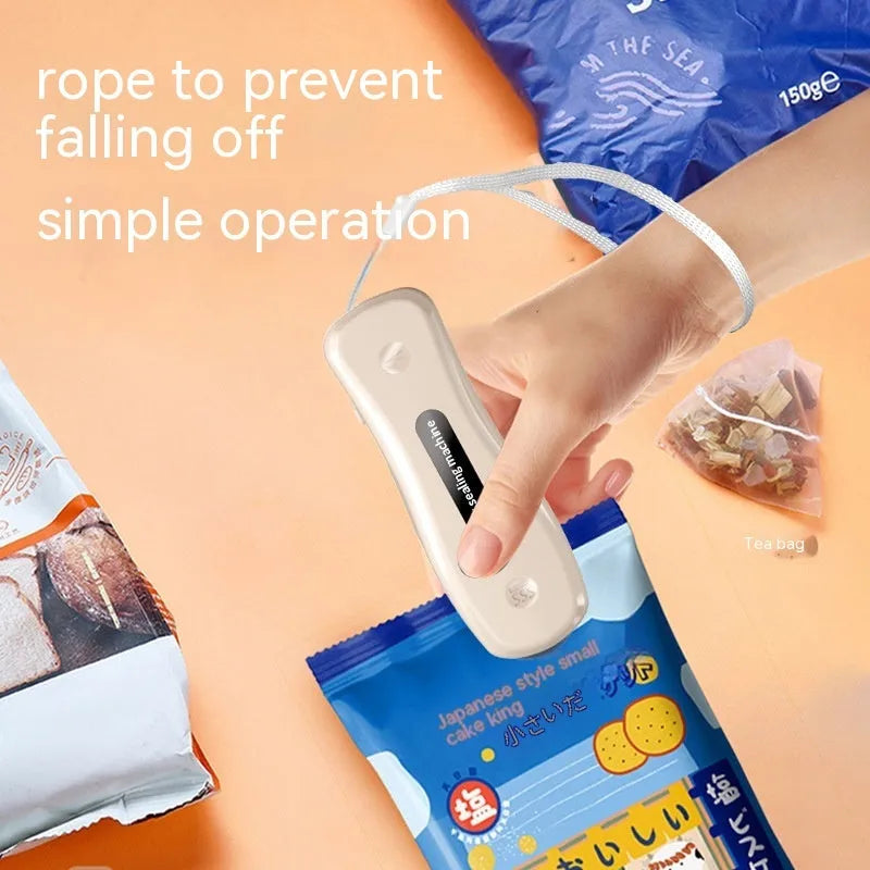 Milky white portable kitchen sealer with USB charging cable and compact dimensions
