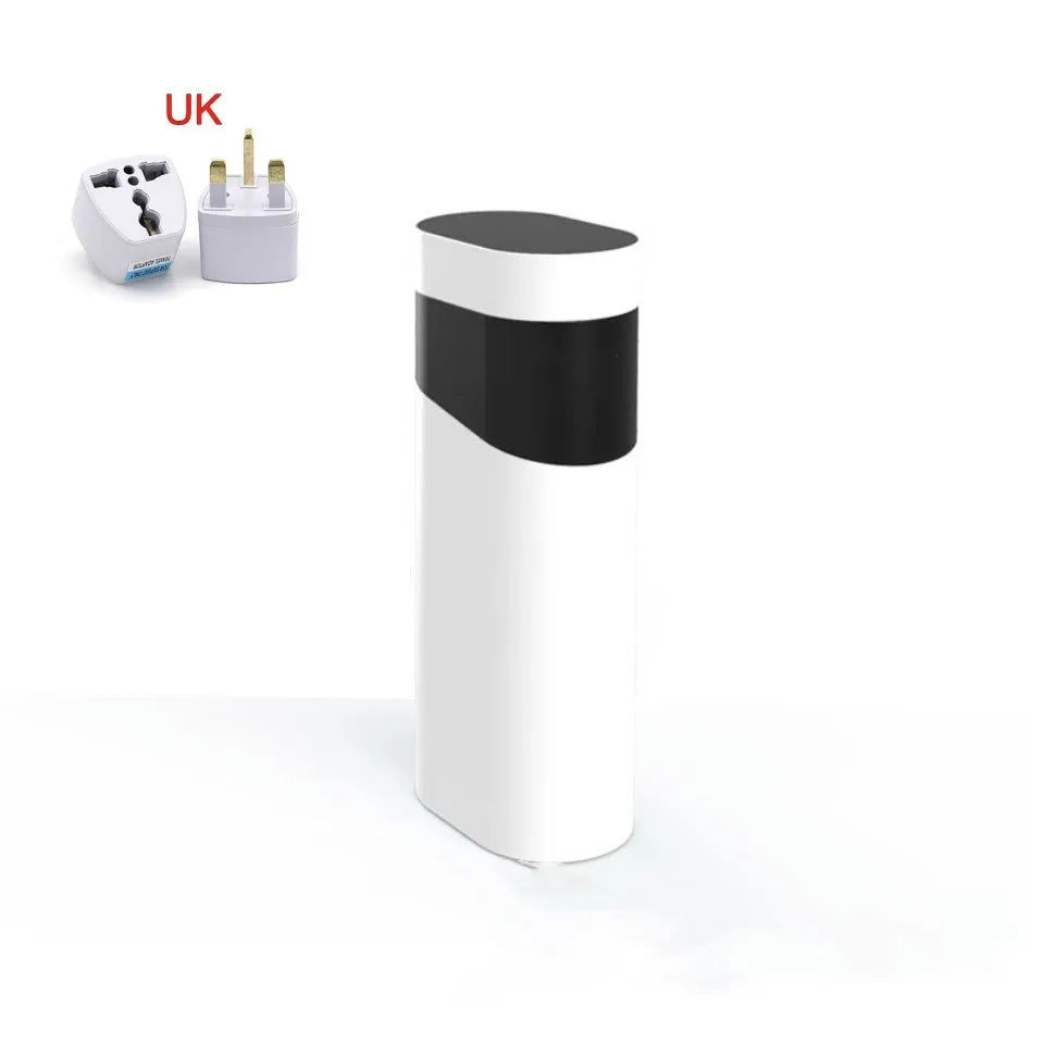 Black portable instant water dispenser with digital display on a wooden desktop.