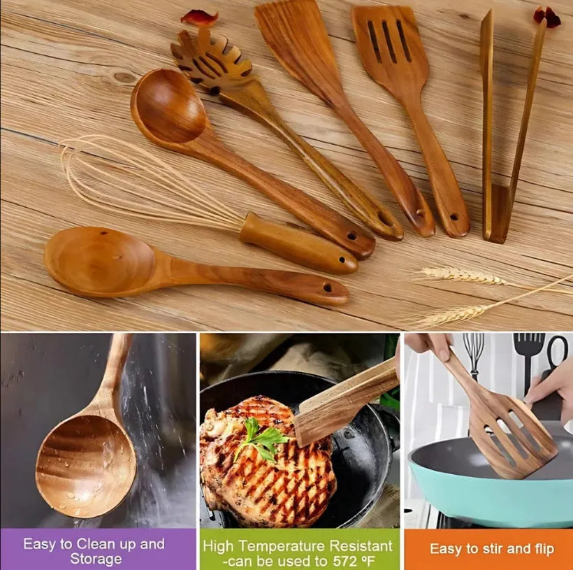 Wooden cooking utensil set with seven different kitchen tools including spoon and shovel