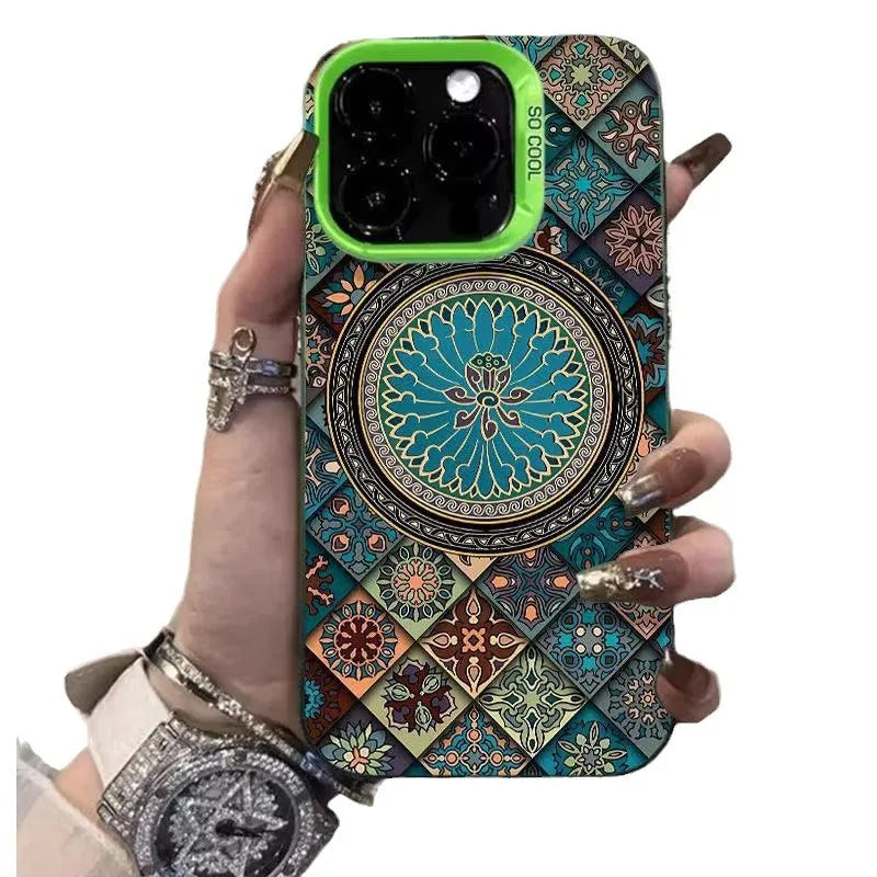 Ethnic style patterned iPhone case in silver, hard PC matte anti-slip cover