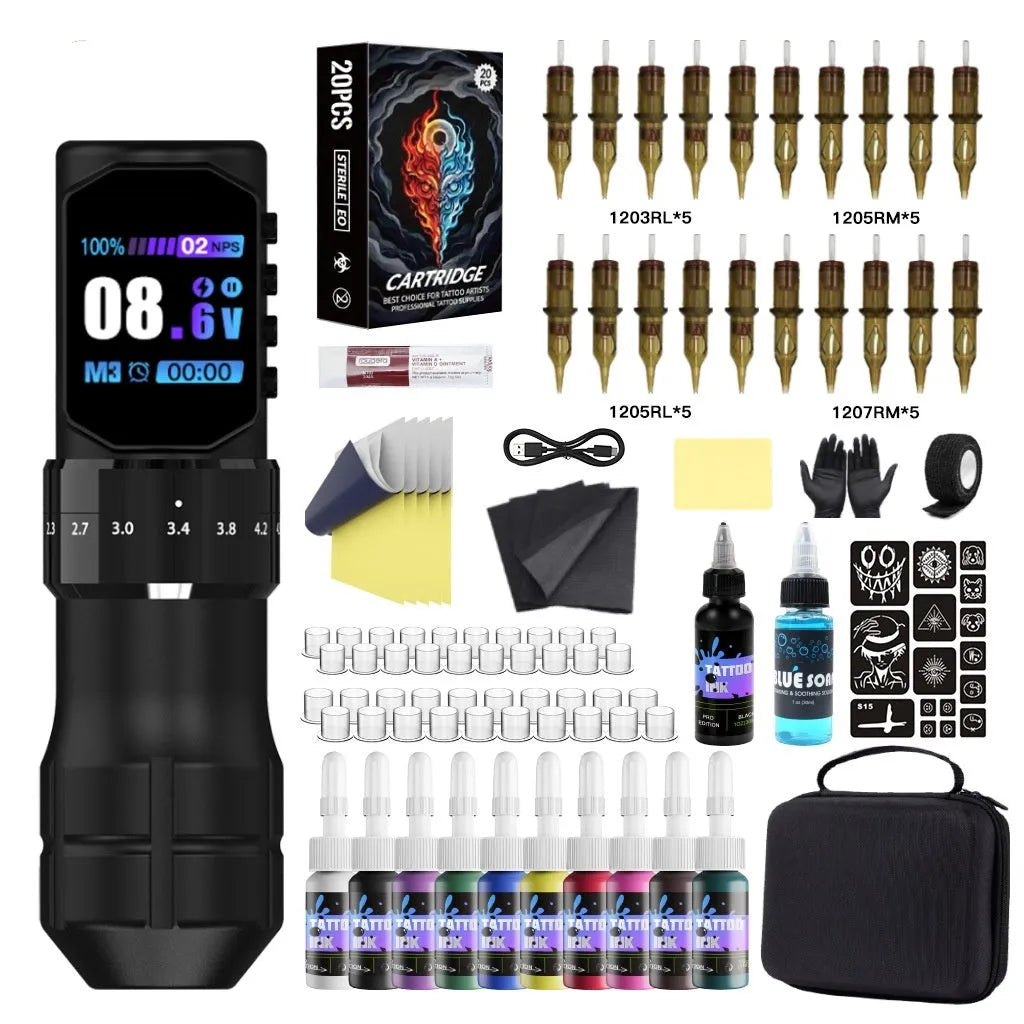 Adjustable stroke battery pen tattoo set with aluminium alloy wireless machine, 2000mAh battery, and accessories in a zipper box