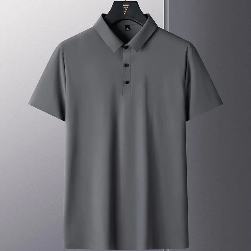 Non-ironing business casual solid colour men's short sleeve nylon shirt in navy blue, front view