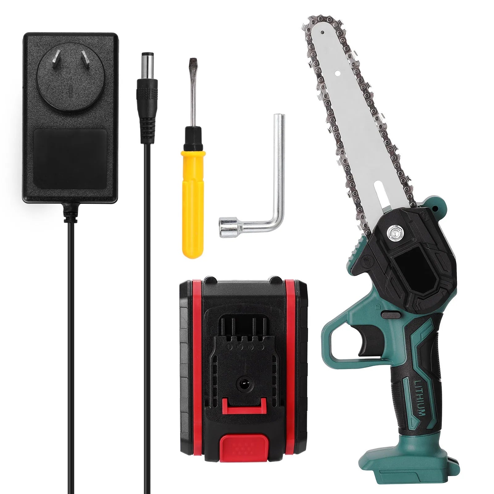 Black mini electric chainsaw with 4-inch guide bar held in one hand