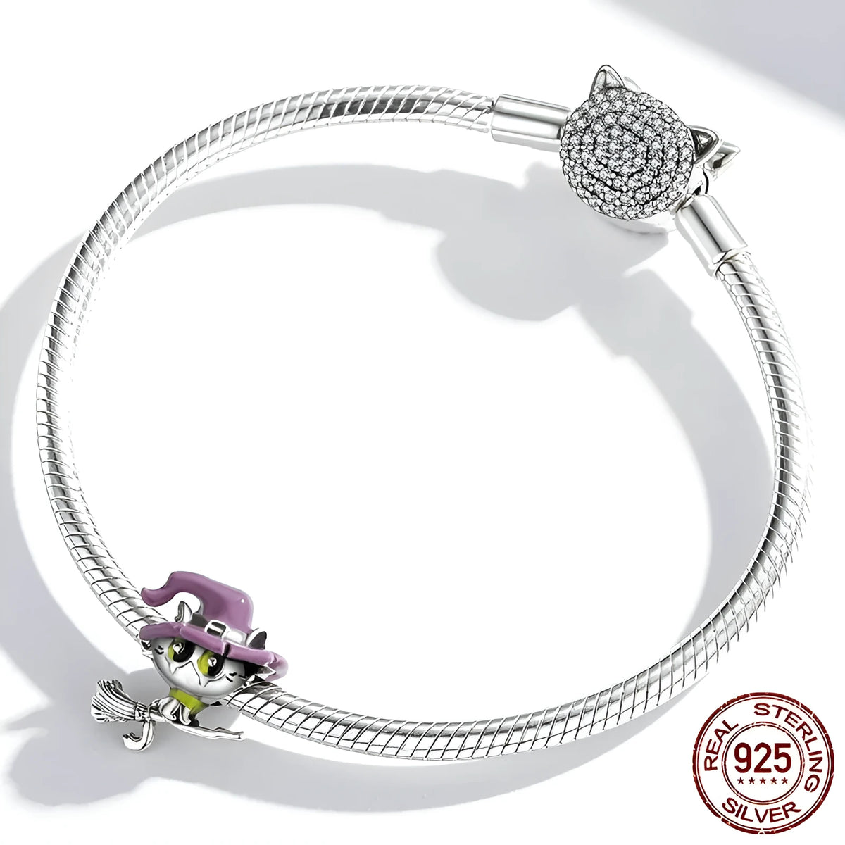 925 silver Halloween cat charm bead 1.4cm with hole for stringing on white background