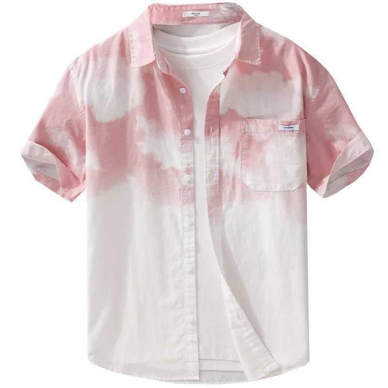 Men's light pink pure cotton short-sleeved shirt with loose-fit cardigan style