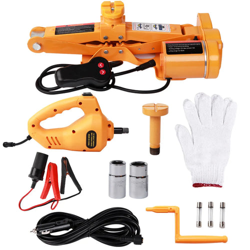Yellow steel electric car jack set with 12V impact wrench for tyre changing