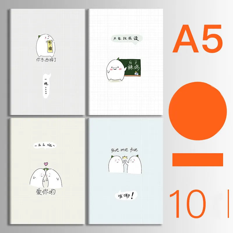 Pack of ten thread-bound A5 and B5 softcover notebooks showing multiple design styles including kraft paper and illustrated covers.