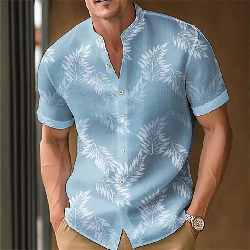 Men's printed casual short sleeve shirt on a hanger, showing one of eight available colour options.