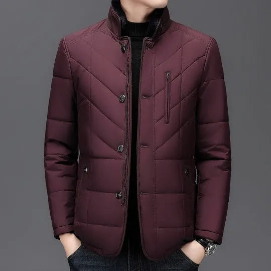 Men's dark blue short winter padded coat with side pockets on a mannequin