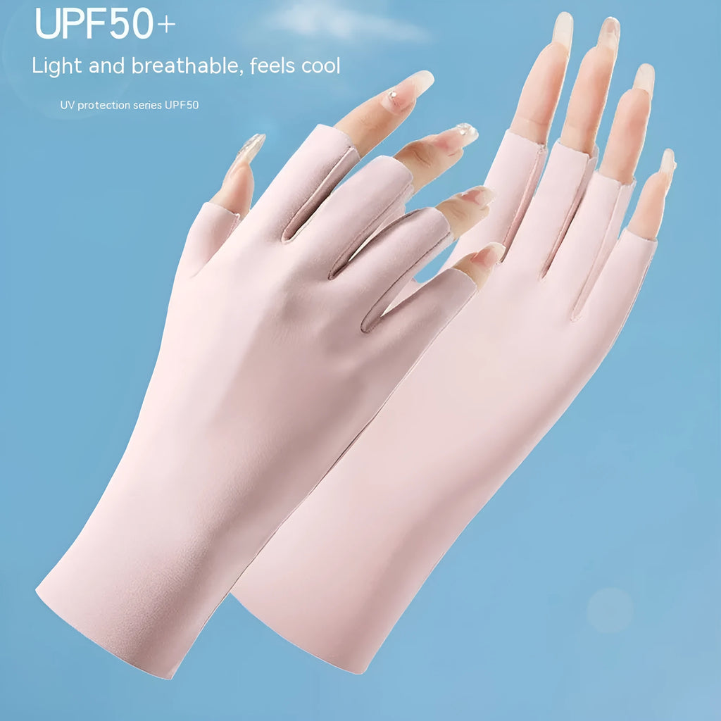 Women's thin ice silk sunscreen gloves in multiple colours on a hand, showing UPF50+ sun protection.