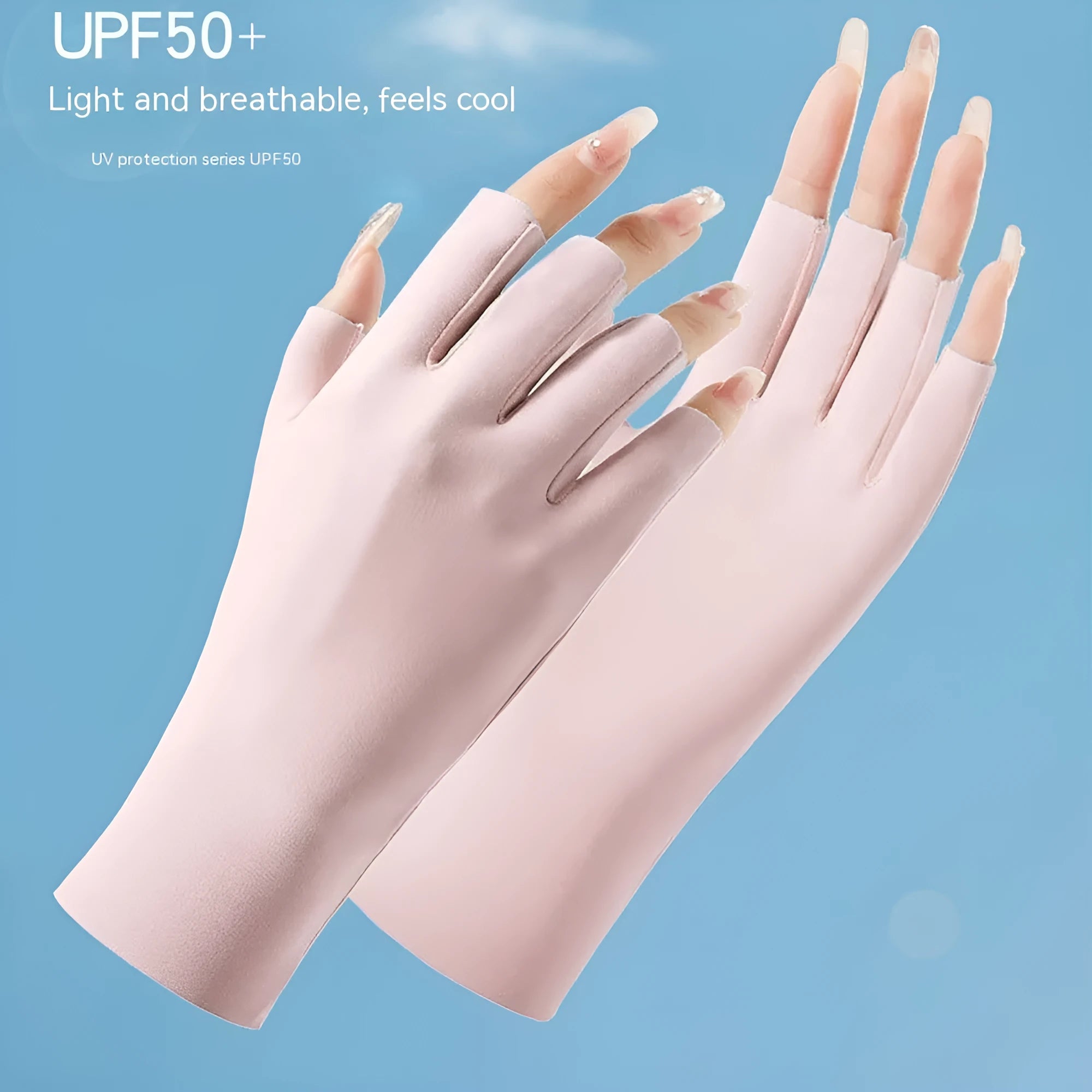 Women's thin ice silk sunscreen gloves in multiple colours on a hand, showing UPF50+ sun protection.