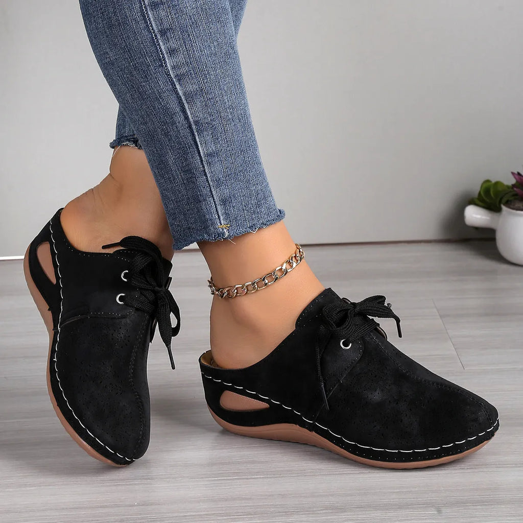 Women's lace-up baotou slippers with hollow out wedge design in suede with rubber sole
