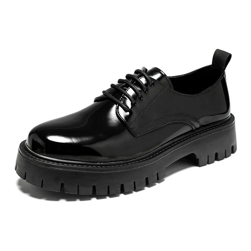 Plus size men's black shiny PU leather round toe low top business shoes with sewing thread detail