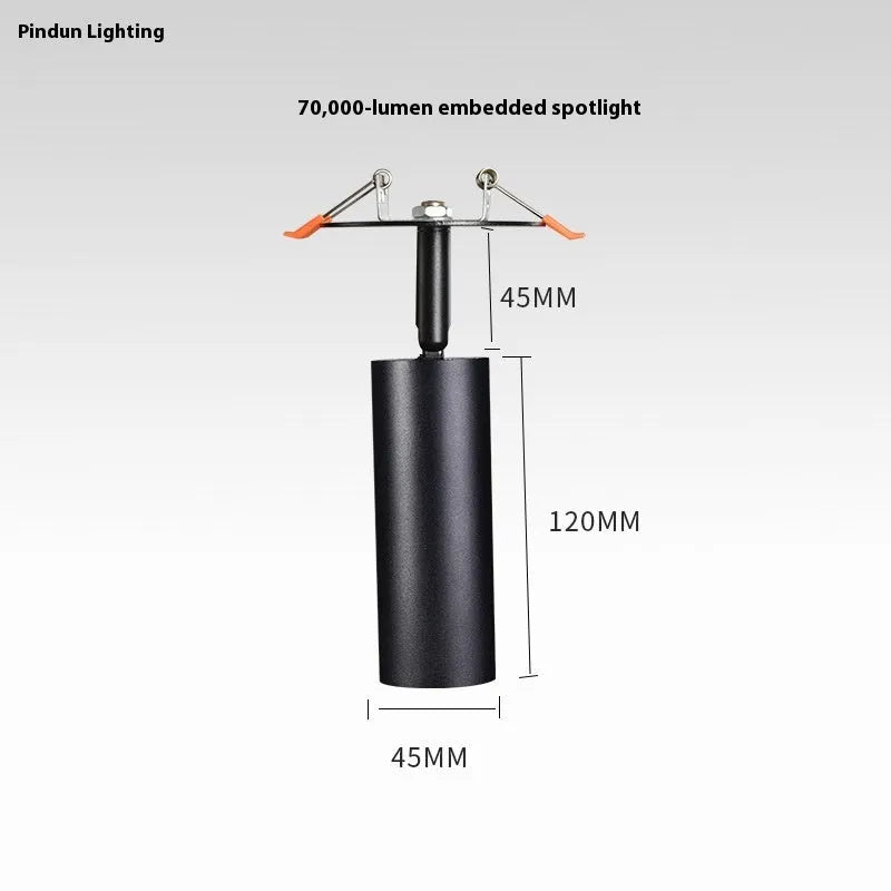 Black and white aluminium cylinder track spotlight for 55-75mm hole installation.