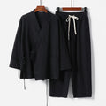 Cardigan style Hanfu two-piece suit in cotton fabric showing traditional Chinese design with loose-fitting top and trousers