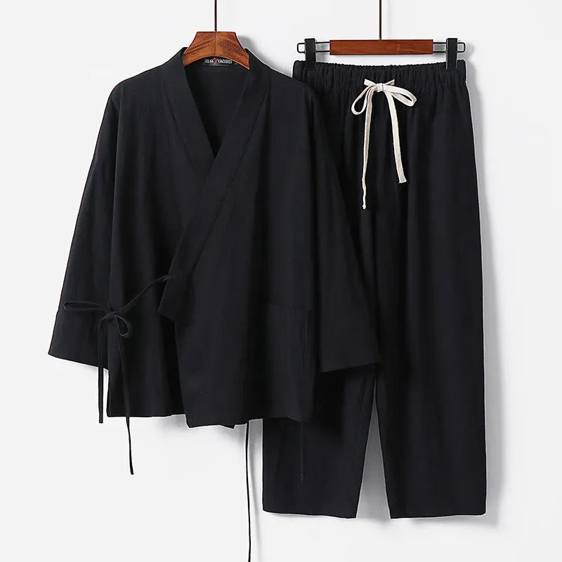 Cardigan style Hanfu two-piece suit in cotton fabric showing traditional Chinese design with loose-fitting top and trousers