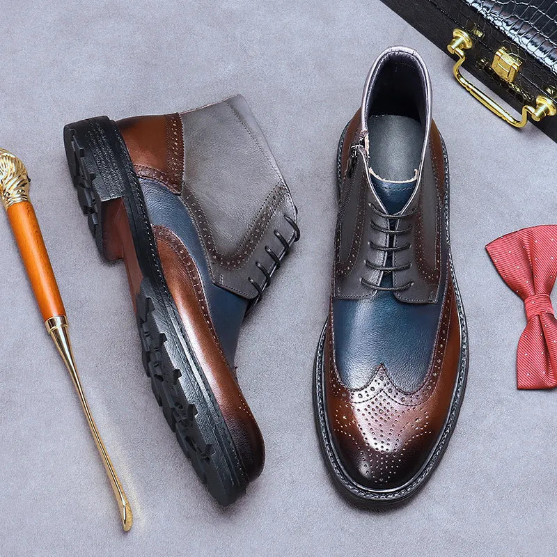 Men's coffee blue leather brogue boots with stitching detail and square low heel
