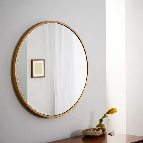 Round metal frame bathroom wall mirror in black finish showing 30cm diameter