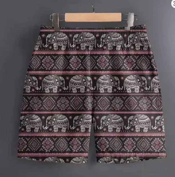 Men's casual striped and patterned polyester shorts for outdoor sports, shown in multiple sizes.