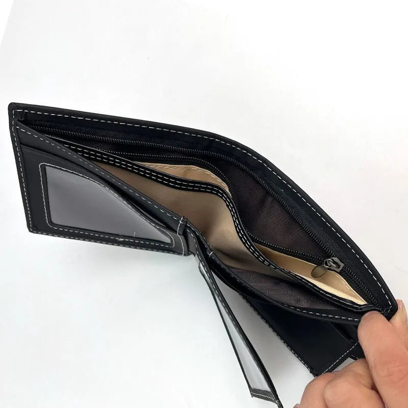 Black animal print men's wallet with multiple card slots and zipper closure