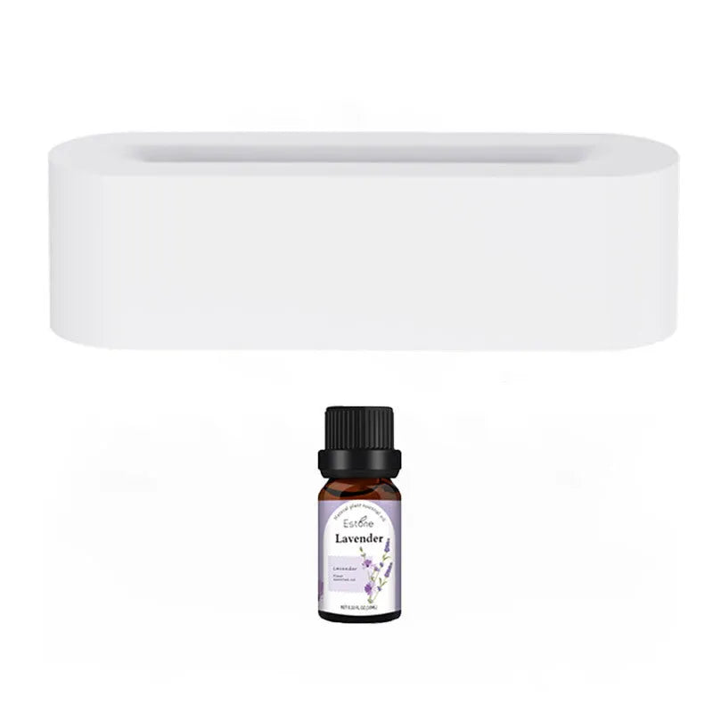 White square ultrasonic flame aroma diffuser and humidifier with LED light on a table.