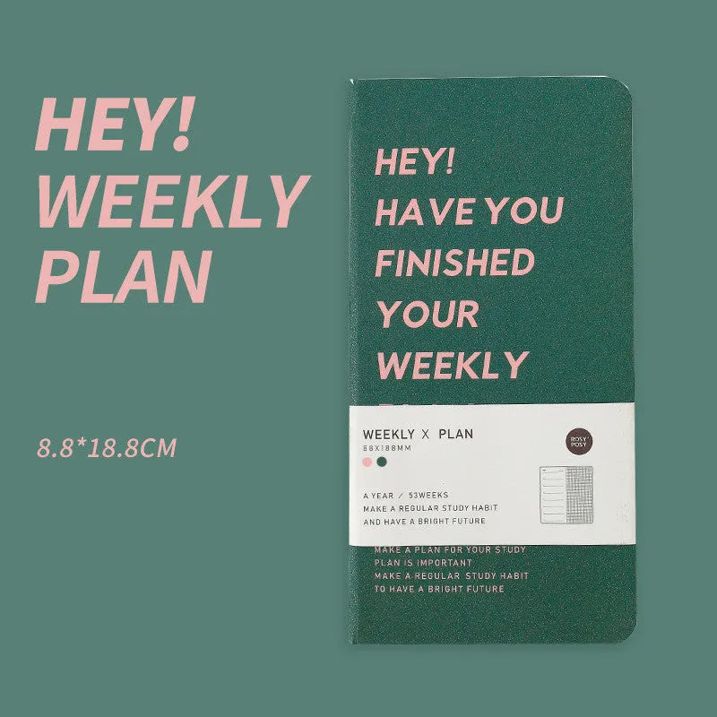 Weekly plan diary handbook with blue cover open to show a weekly layout on its 100 pages.