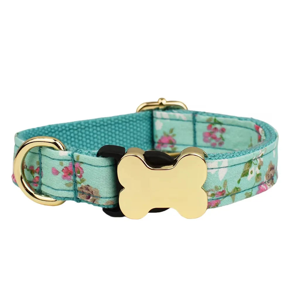 Nylon dog collar with printed grid pattern and bone-shaped metal buckle