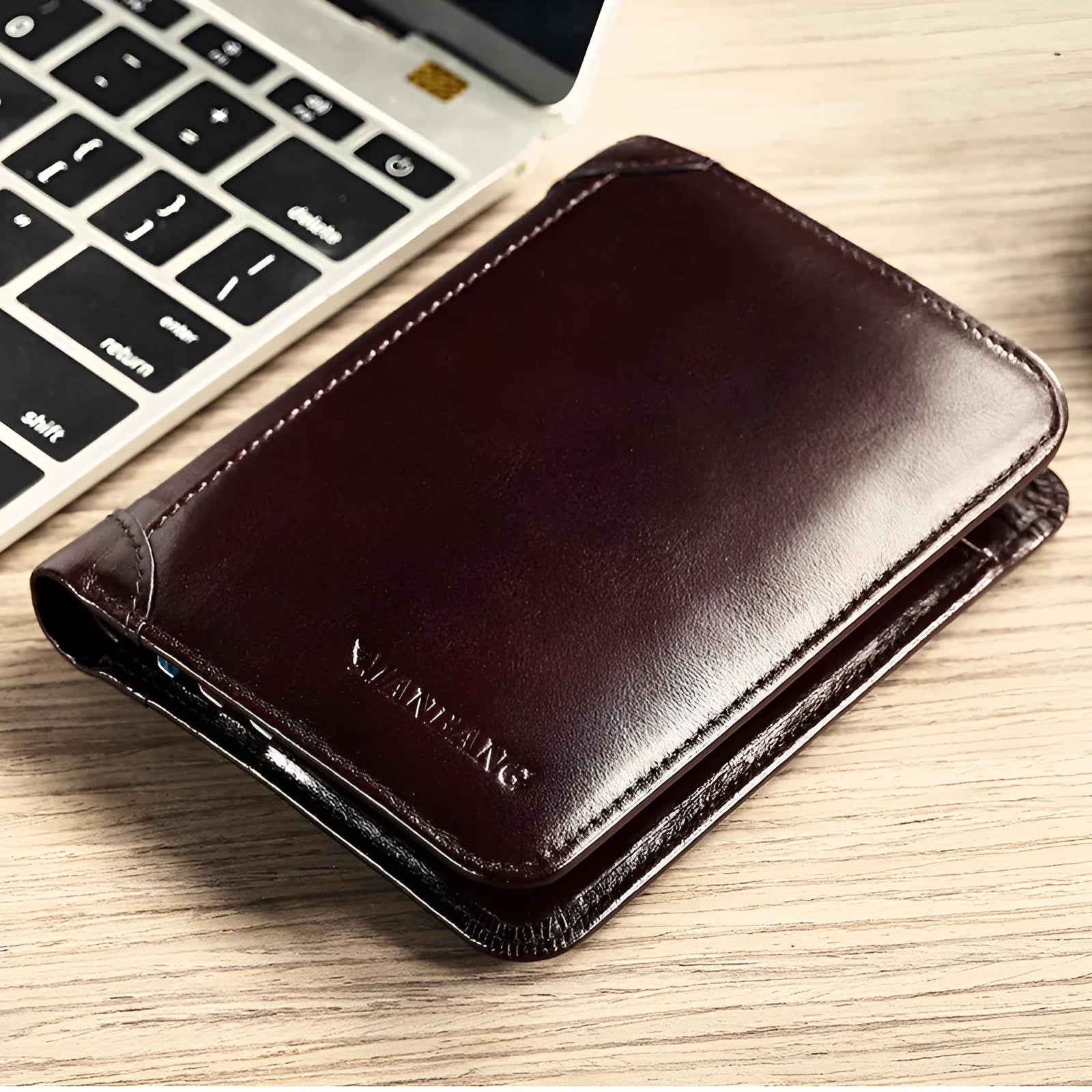 Men's black leather bi-fold wallet open to show card slots, banknote compartment, and coin pocket.