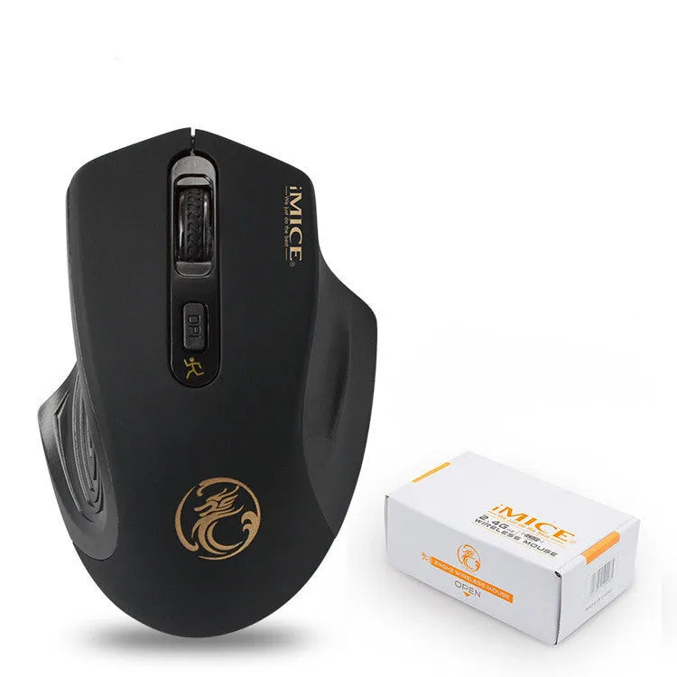 2.4G wireless silent mouse in black with ergonomic design, four buttons, and four-way scroll wheel