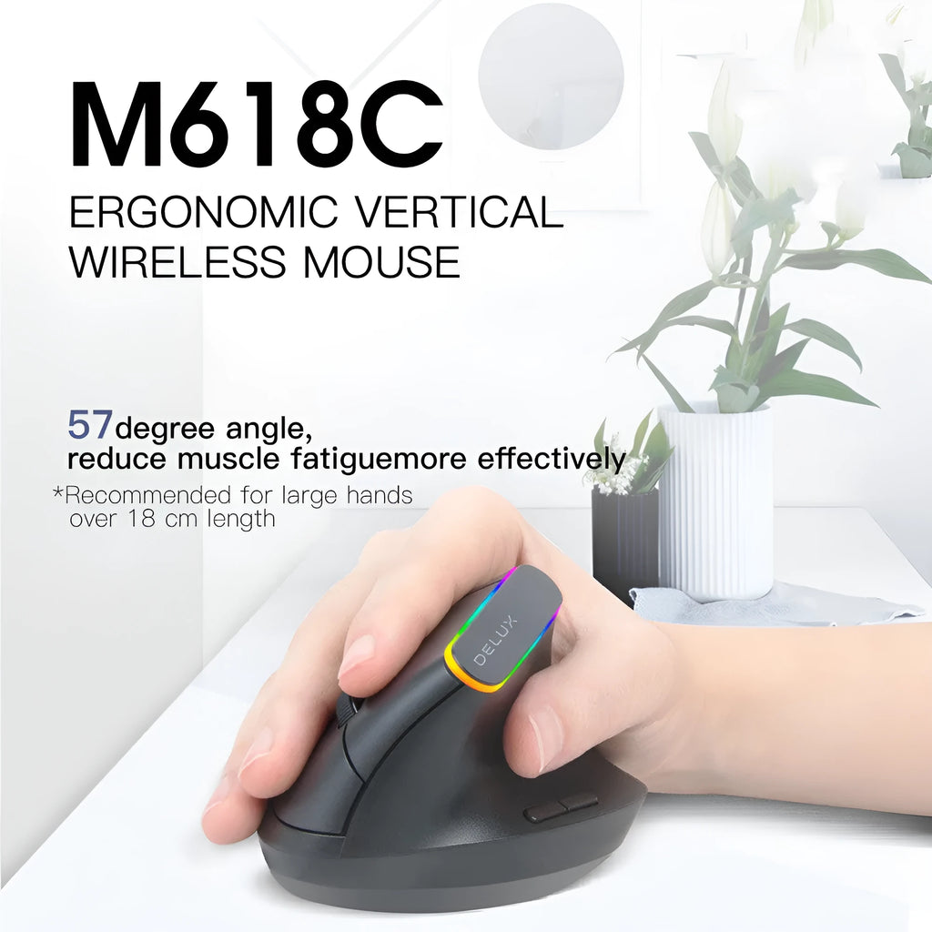 M618C vertical wireless ergonomic mouse in black, 115mm length, ABS plastic, with 2.4GHz receiver