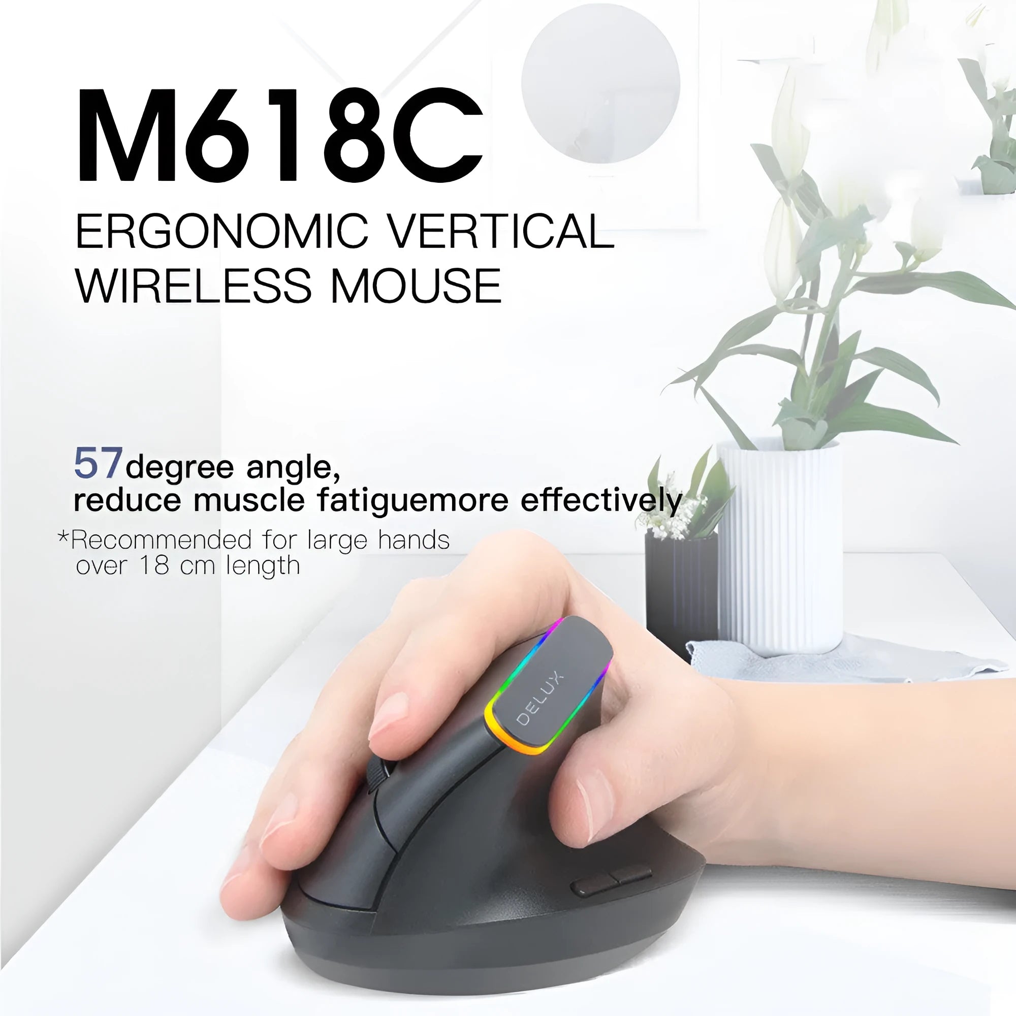 M618C vertical wireless ergonomic mouse in black, 115mm length, ABS plastic, with 2.4GHz receiver