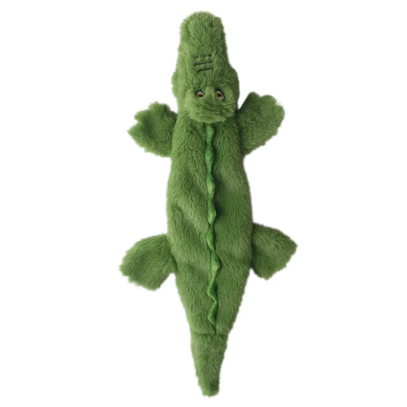 Green crocodile plush dog toy with squeaker and crinkle paper, no stuffing, for aggressive chewers.