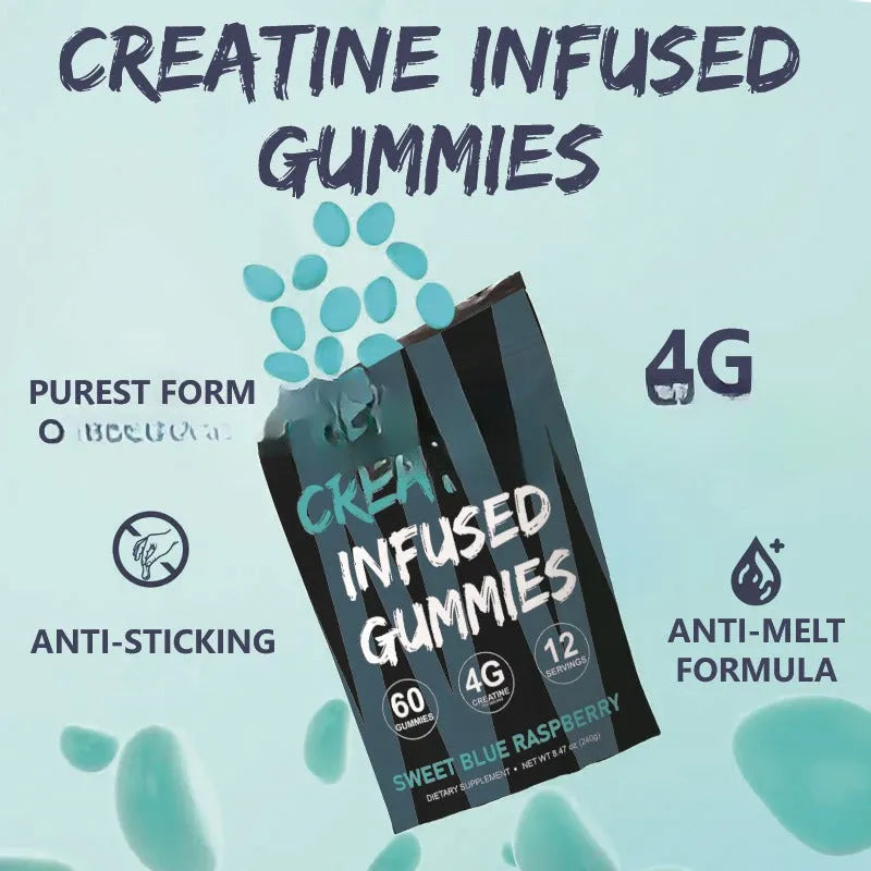 Creatine monohydrate nutritional supplement gummies in a box with 60 pieces, room temperature storage