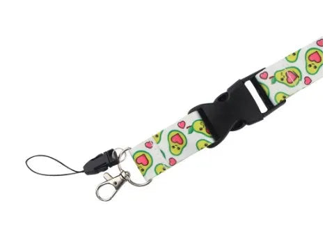 Polyester phone lanyard with a green fruit avocado cartoon printed on both sides, showing the buckle.