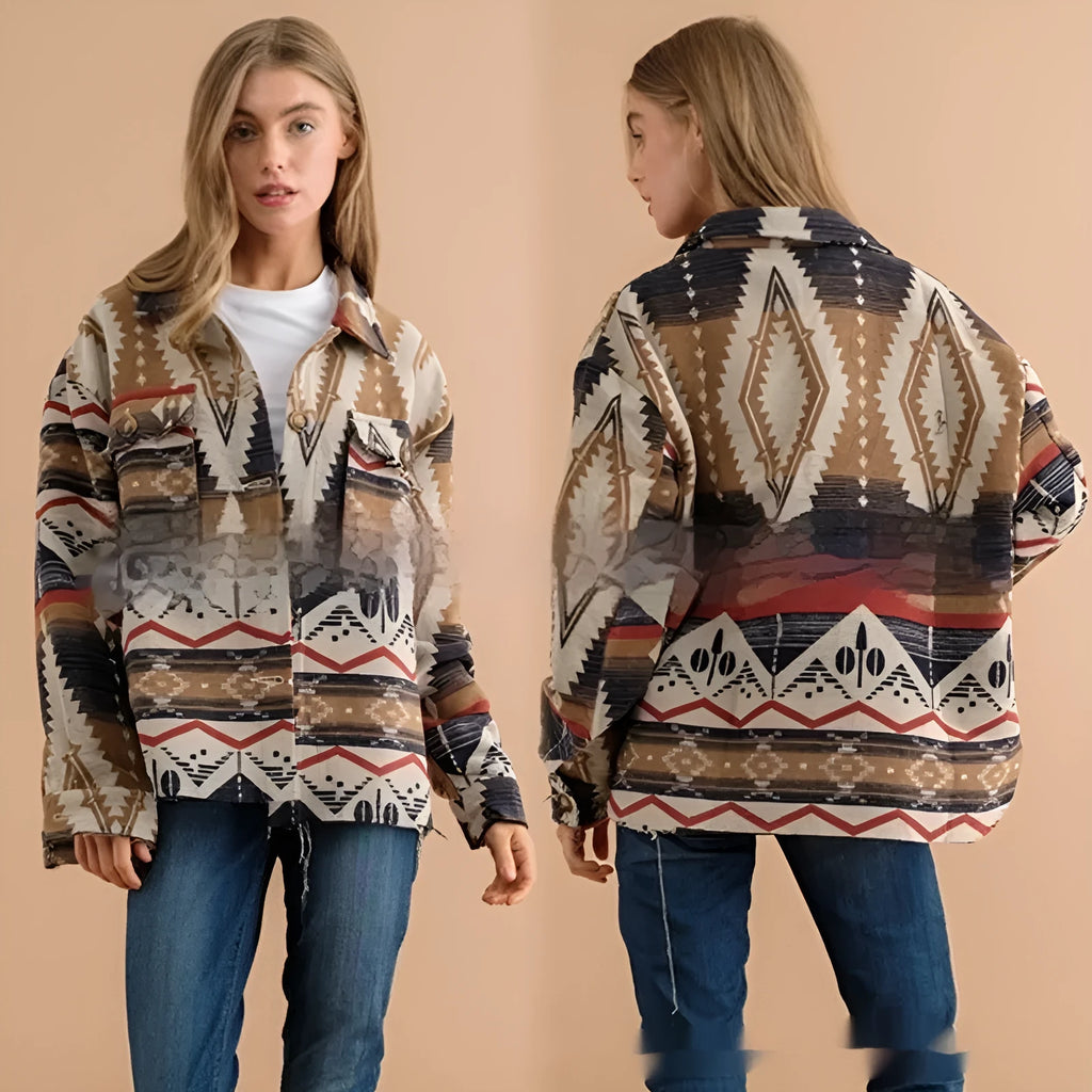 Women's loose-fit retro jacket with Aztec print in army green, made from woolen fabric with long sleeves.