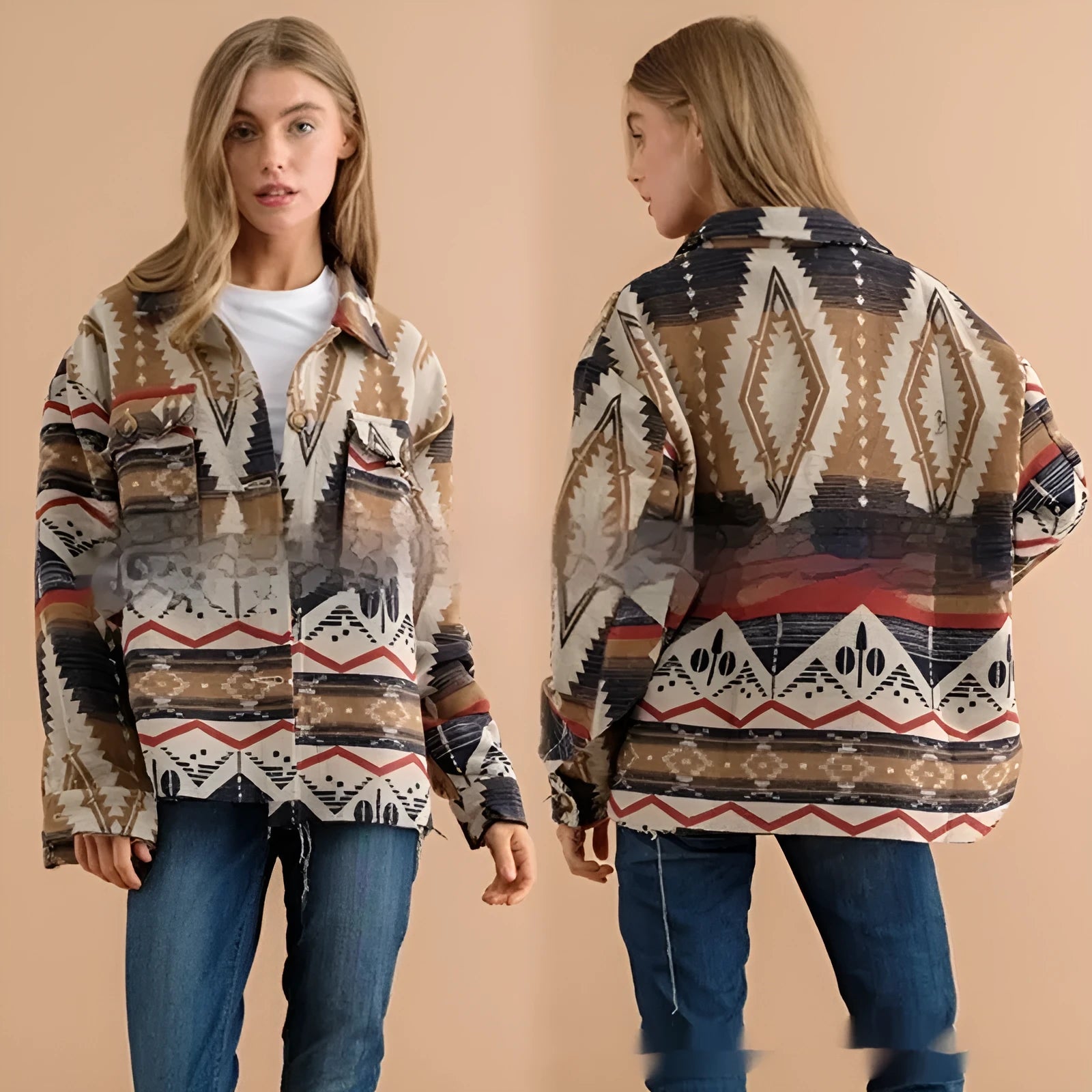 Women's loose-fit retro jacket with Aztec print in army green, made from woolen fabric with long sleeves.
