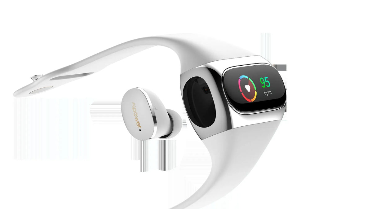 2 in 1 wireless earphone bracelet in black with silicone band and earbuds on wrist
