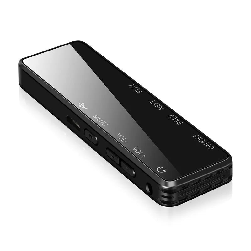 Black zinc alloy USB voice recorder and MP3 player showing LCD screen and USB connector.