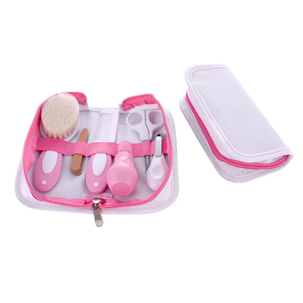 Crimson cherry pink baby nail care set with 6 grooming tools measuring 17x20x4cm