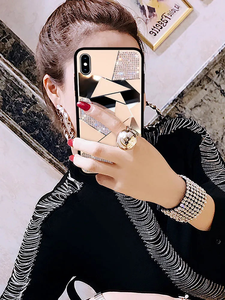 Gold silicone back cover with rhinestone diamond mirror finish for iPhone 11 Pro, XS Max, 7, 8, X