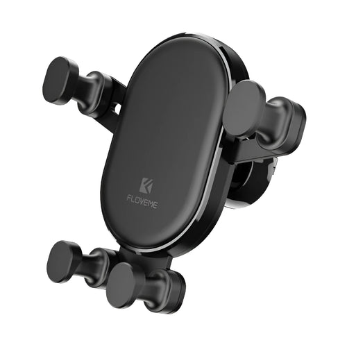 Black car phone holder with 360-degree rotation mounted on vehicle dashboard