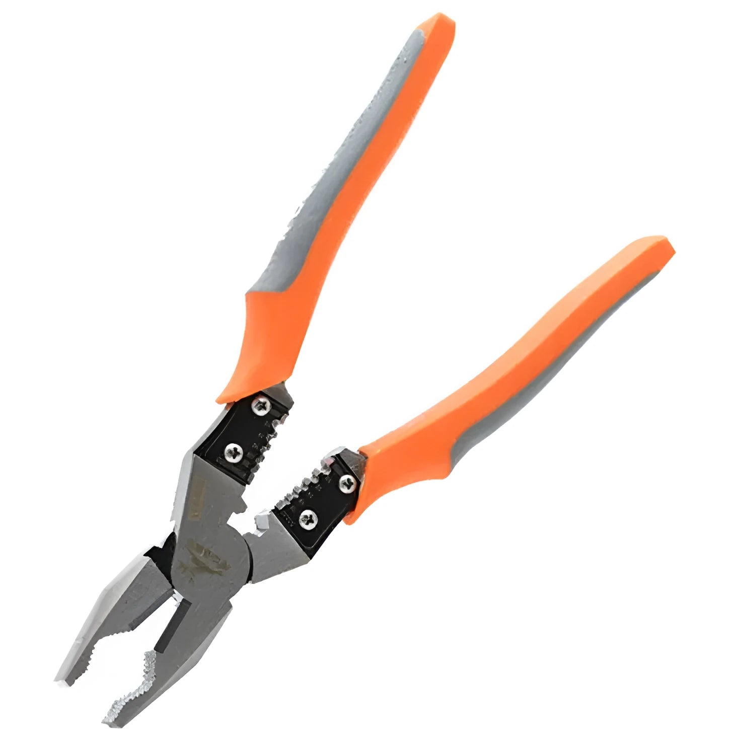 Orange multi-function wire cutter pliers with chrome steel jaws and plastic handles.