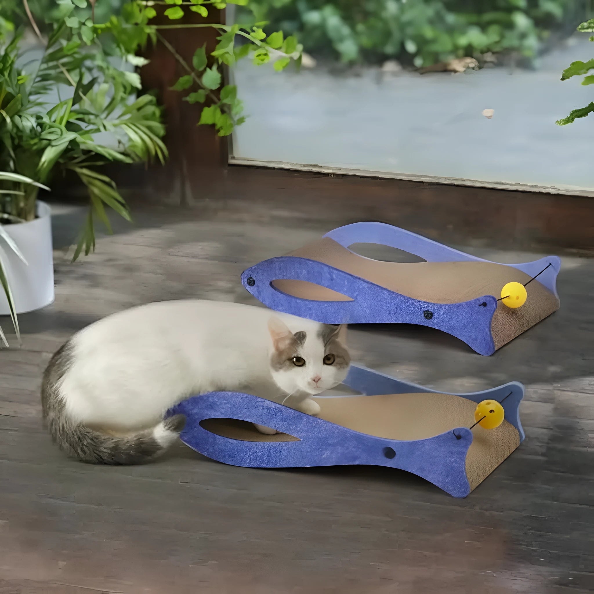 Blue fish-shaped cat scratcher with ball toy on elastic cord and wavy lounge area