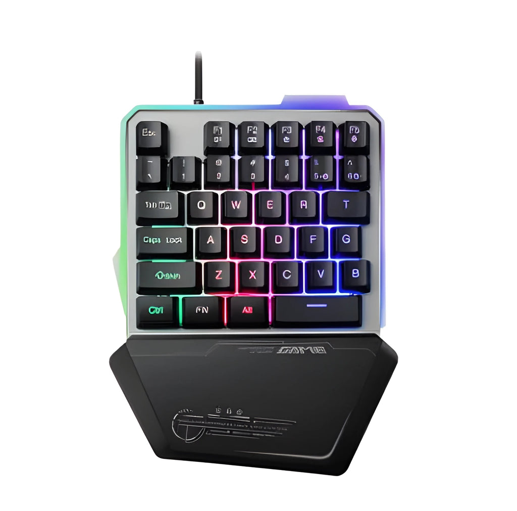 Black robotic one-handed keyboard with RGB backlit keys and a USB cable.