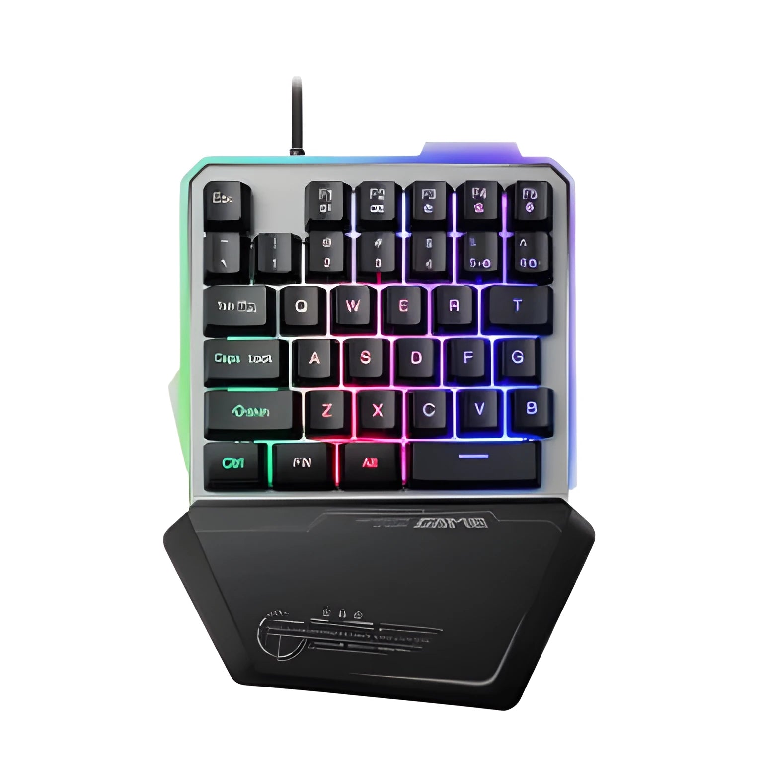 Black robotic one-handed keyboard with RGB backlit keys and a USB cable.