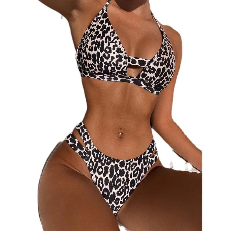 Leopard print high waist two-piece bikini set with polyester outer and lining, sizes S M L